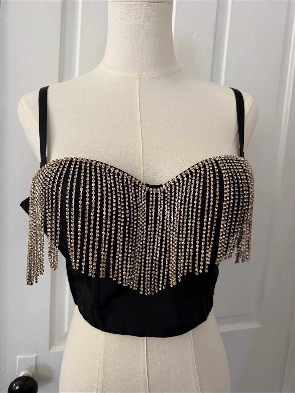 Amazon Black Rhinestone Fringe Bustier Crop Top